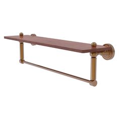 a wooden shelf with two brass handles on the top and one is holding a towel bar