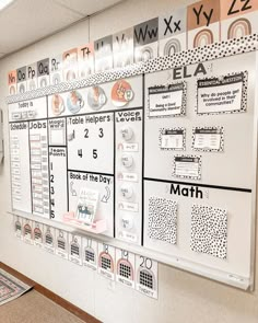 a bulletin board with many different types of letters and numbers on it in a hallway