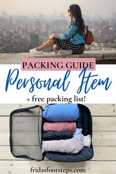 a woman sitting on top of a suitcase with the title packing guide personal items + free packing list