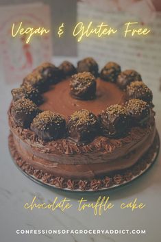 a chocolate truffle cake with the words vegan and gluten free on it