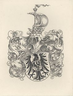 a drawing of a coat of arms with a ship in the middle and an eagle on top