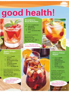 a menu with different drinks on it and the words good health written in large letters