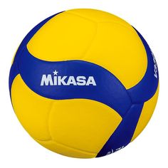 a yellow and blue ball with the word mikasa on it's side