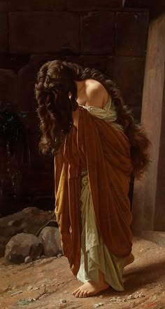 a painting of a woman with long hair in an old fashion dress, bending over to look at the ground