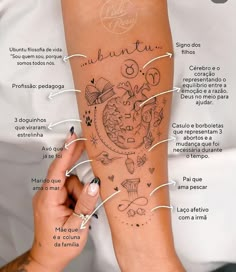 a woman's arm with many different tattoos on it