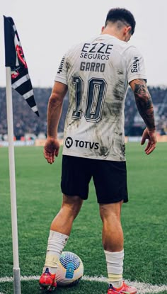 a man standing on top of a soccer field next to a flag