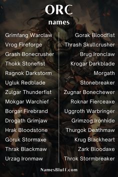 Orc Names Female, Orc Language, Fantasy Clan Names, Fantasy Planet Names Ideas, Orc Names, City Name Generator, Names That Mean Dark, Fantasy City Names, Orc Culture