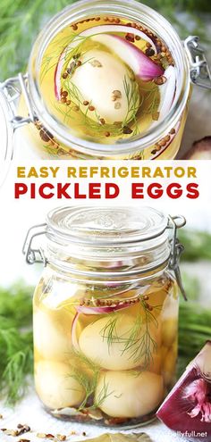 an easy refrigerator pickled egg recipe in a jar with onions and fennels