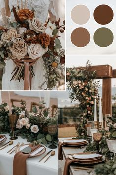 the wedding table is decorated with flowers, candles and greenery in shades of brown