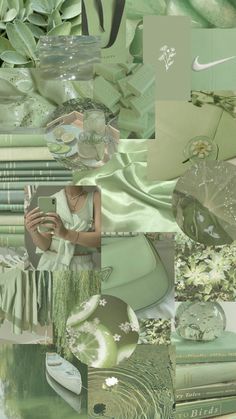 a collage of green and white images