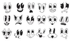 cartoon faces drawn in black and white with different expressions, including the eyes and mouth