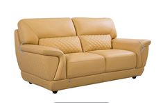 a tan leather couch with diamond stitching on the armrests and back cushions