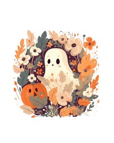 a ghost surrounded by flowers and pumpkins