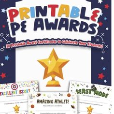 the book cover for printables pe awards, with three stars on each side