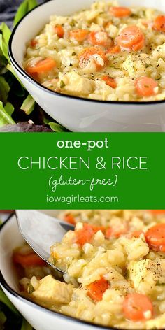 one pot chicken and rice soup in a white bowl with a green border around it