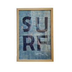 a framed photo with the words summer printed on it in black and blue fabric, against a white background