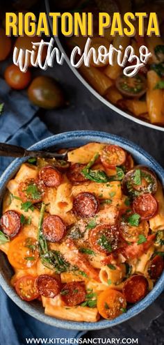 two bowls filled with pasta and sausage on top of a blue cloth next to tomatoes