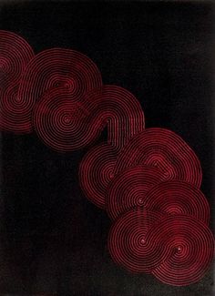 an abstract painting with red circles on black paper, in the shape of spirals