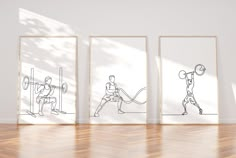 three framed drawings of people doing exercises in a room with hard wood flooring and white walls