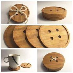 four different pictures of wooden buttons and coffee mugs