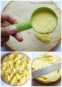 there are three pictures showing how to make scrambled eggs on toast with butter and breadcrumbs