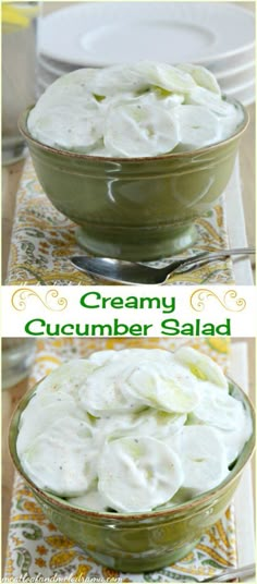 creamy cucumber salad in a green bowl