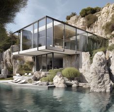 a house on the side of a cliff next to a body of water with rocks around it