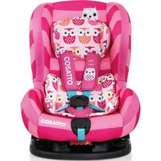 the child's car seat is pink and has owls on it, as well as an