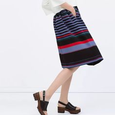 Flare Striped Skirt. Soft Material With 2 Pocketed In Front, And Zipper In One Side. Classic And Beautiful Flare A-Line Skirt. It Will Make You Look Chic And Elegant. Medium Size Available! Striped Midi Skirt For Spring, Spring Striped Midi Skirt, Spring Striped Flared Skirt, Chic Striped Lined Skirt Bottoms, Multicolor Skirt With Pockets For Spring, Striped Full Skirt Bottoms For Summer, Casual Multicolor Skirt With Pockets, Striped Full Skirt For Summer, Casual Multicolor Knee-length Bottoms