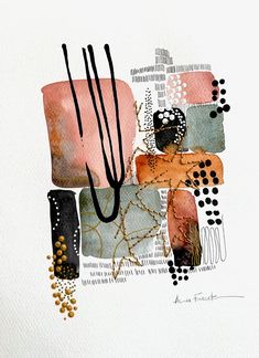 an abstract painting with black, orange and pink colors on white paper that has gold dots in the middle