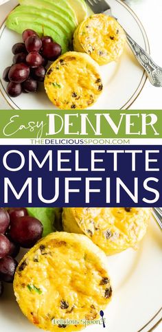 an image of omelette muffins with grapes and avocado on the side