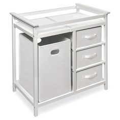 a white baby changing table with three drawers and two baskets on the bottom shelf, in front of a white background