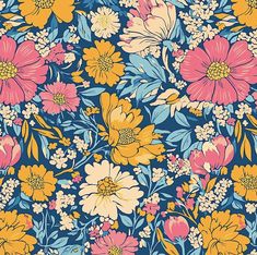 a blue and yellow flowered background with many different flowers on the same wallpaper