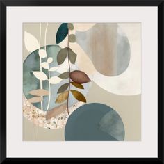 an abstract painting with leaves and circles