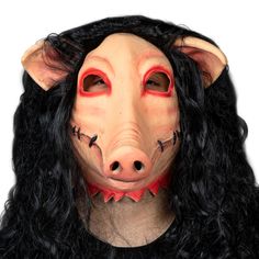 a pig mask with long black hair and red eyes