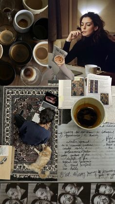 a woman sitting at a table with cups of coffee and papers on top of it