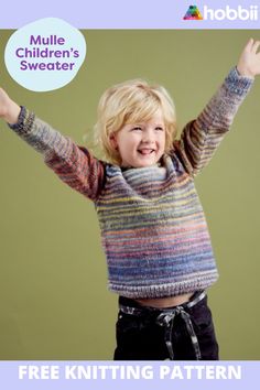 Get started on this DIY project on Mulle Children’s Sweater Knitting Pattern. Mulle is a pretty children’s sweater with stripes. The sweater is knit with two different colors of Winter Glow, which adds an amazing play of colors.  The sweater comes in sizes 4, 6, 8, 10, and 12 years old.  Have fun!The pattern for Mulle Children’s Sweater can be downloaded for free Free Sweater Pattern, Free Yarn Patterns, Free Childrens Knitting Patterns, Yarn Patterns Crochet, Childrens Knitting Patterns, Free Patterns For Crochet, Sweater With Stripes, Kids Sweater Pattern, Yarn Crafts For Kids