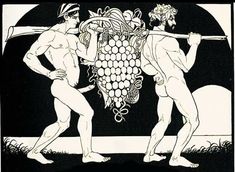 an old black and white drawing of two men with grapes on their back, one holding a stick