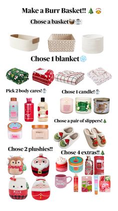 Cute fun ideas to make a burr basket!! Making A Gift Basket, Girly Christmas Gifts, Christmas Party Activities, Christmas Prep, Cute Gifts For Friends, Spa Gift Basket, Christmas Planning, Cute Christmas Gifts