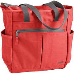 a red tote bag with grey straps