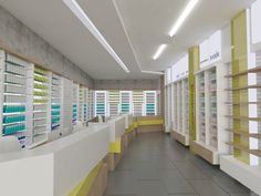 the interior of a pharmacy with shelves full of medicine and other medical supplies on display