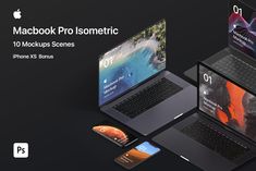 the macbook pro is shown with multiple screens and an apple id card next to it