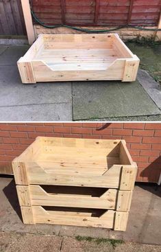 two pictures of wooden crates sitting on the side of a building, one is made out of