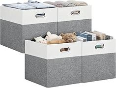 two storage bins with stuffed animals in them