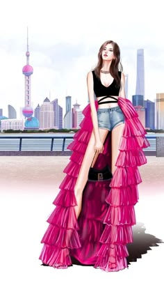 a digital painting of a woman in a long pink dress with the city skyline behind her