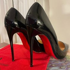 New Never Used Red Bottoms Small Mark On The Bottom But Otherwise Brand New Louboutin Spiked Heels, Christian Louboutin Iriza, Tie Heels, Black Patent Pumps, Black Patent Leather Pumps, Louboutin Shoes Heels, Patent Shoes, Spike Heels