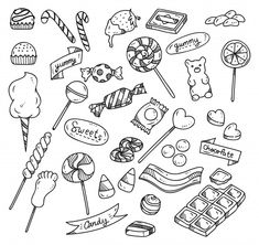 a black and white drawing of different candies, lollipops, candy