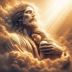 a painting of jesus holding a child in the clouds with sunlight coming through behind him