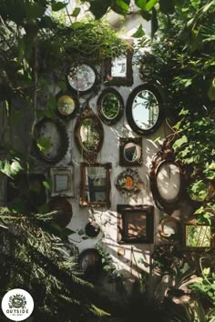 there are many mirrors on the wall in the house that is decorated with greenery