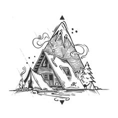 a drawing of a cabin in the woods with mountains and trees around it, on a white background